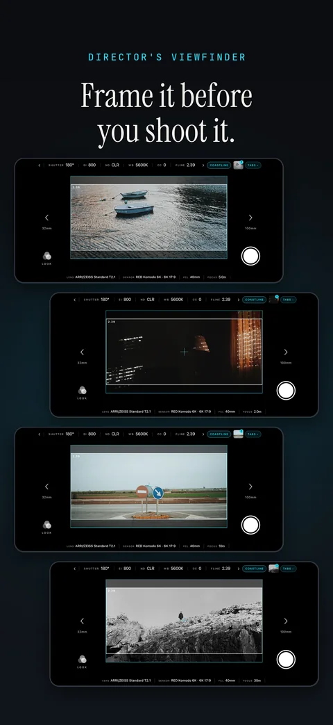 App Store screenshot: Director's viewfinder, four landscape frames shot through a cine lens with framelines and camera settings
