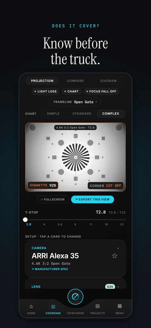 App Store screenshot: Coverage projection of a lens on an ARRI Alexa 35 with a vignette warning