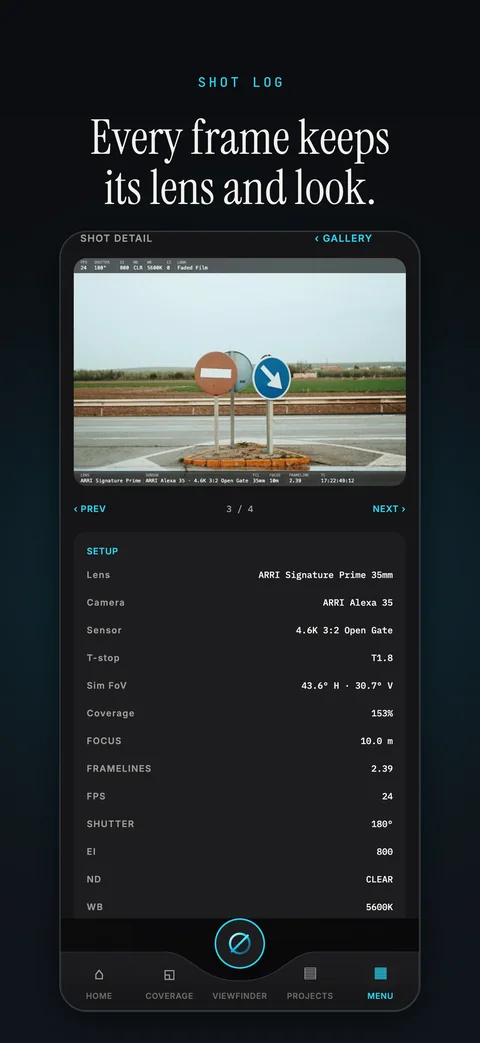 App Store screenshot: Shot log detail, a saved frame with its lens, camera and settings