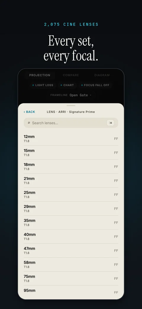 App Store screenshot: Lens catalog, every focal in the ARRI Signature Prime set