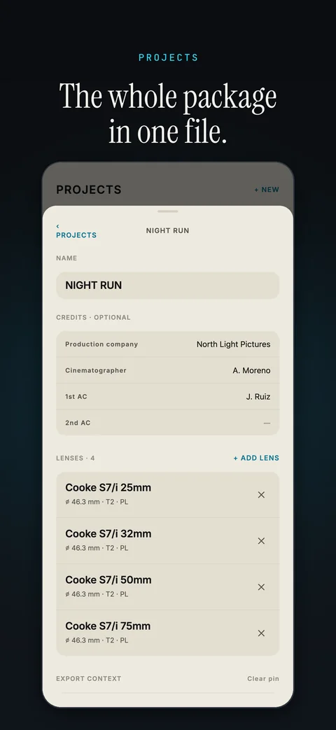 App Store screenshot: Project with crew credits and a lens list