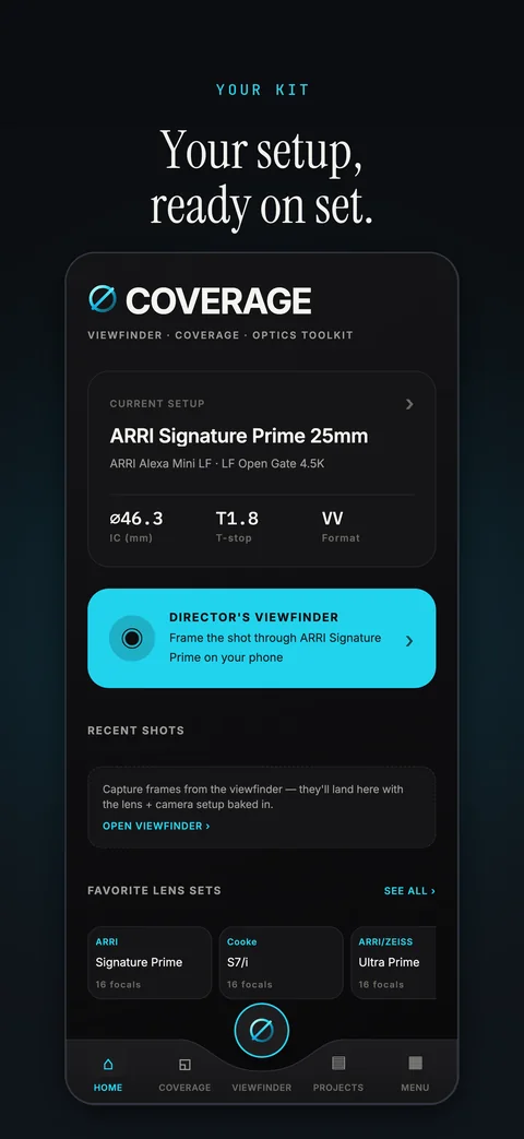 App Store screenshot: Home screen with the current setup and a shortcut to the director's viewfinder